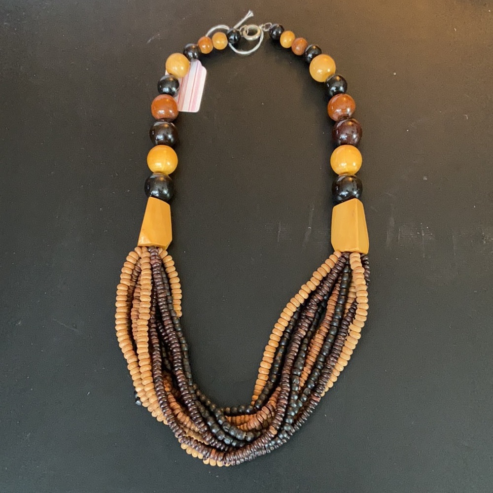 Brown tan wood beaded multi strand necklace - Picture 4 of 11